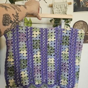 Handmade Crochet Blanket in Purple, Green, and Cream